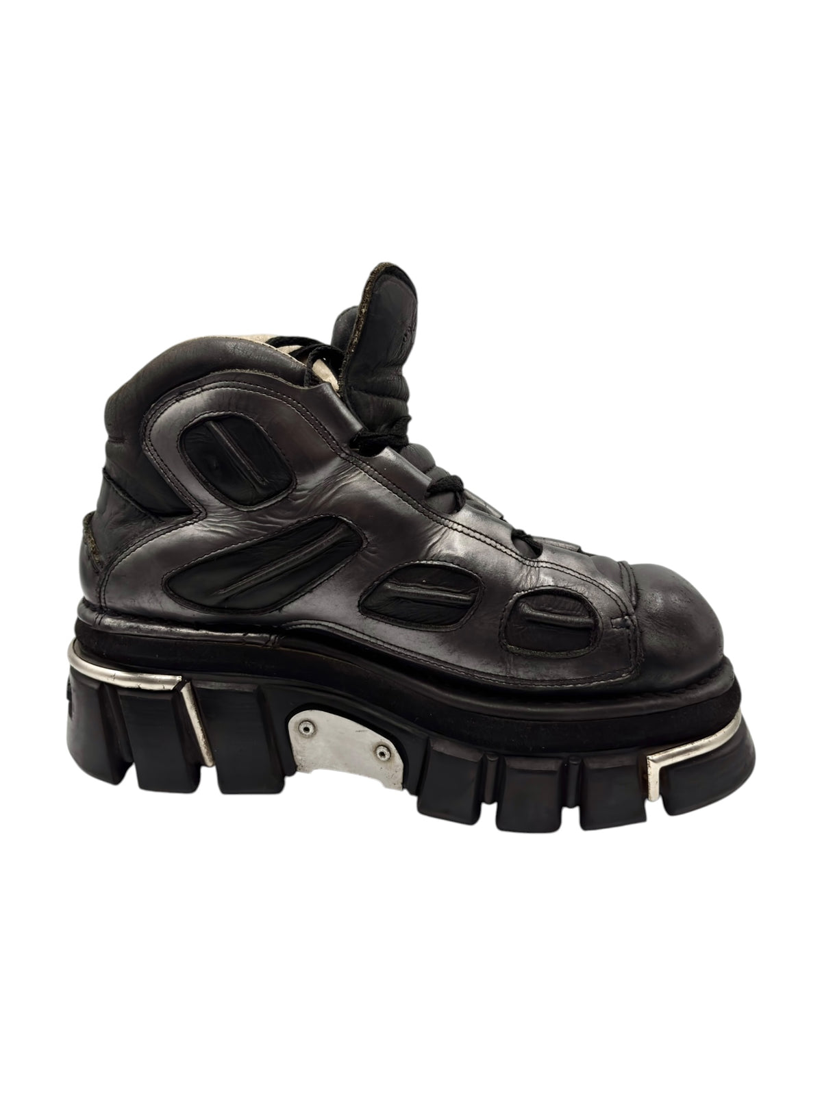Black lace-up platform boots with padded collar and thick tread sole