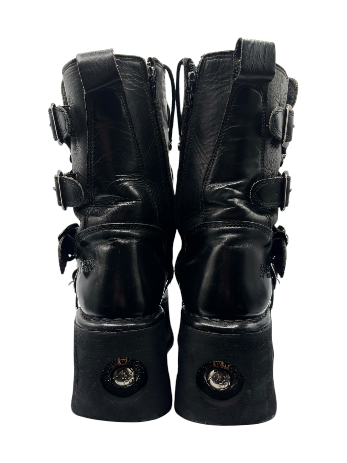 Black mid-calf platform boots rear view with buckles and lace-up laces