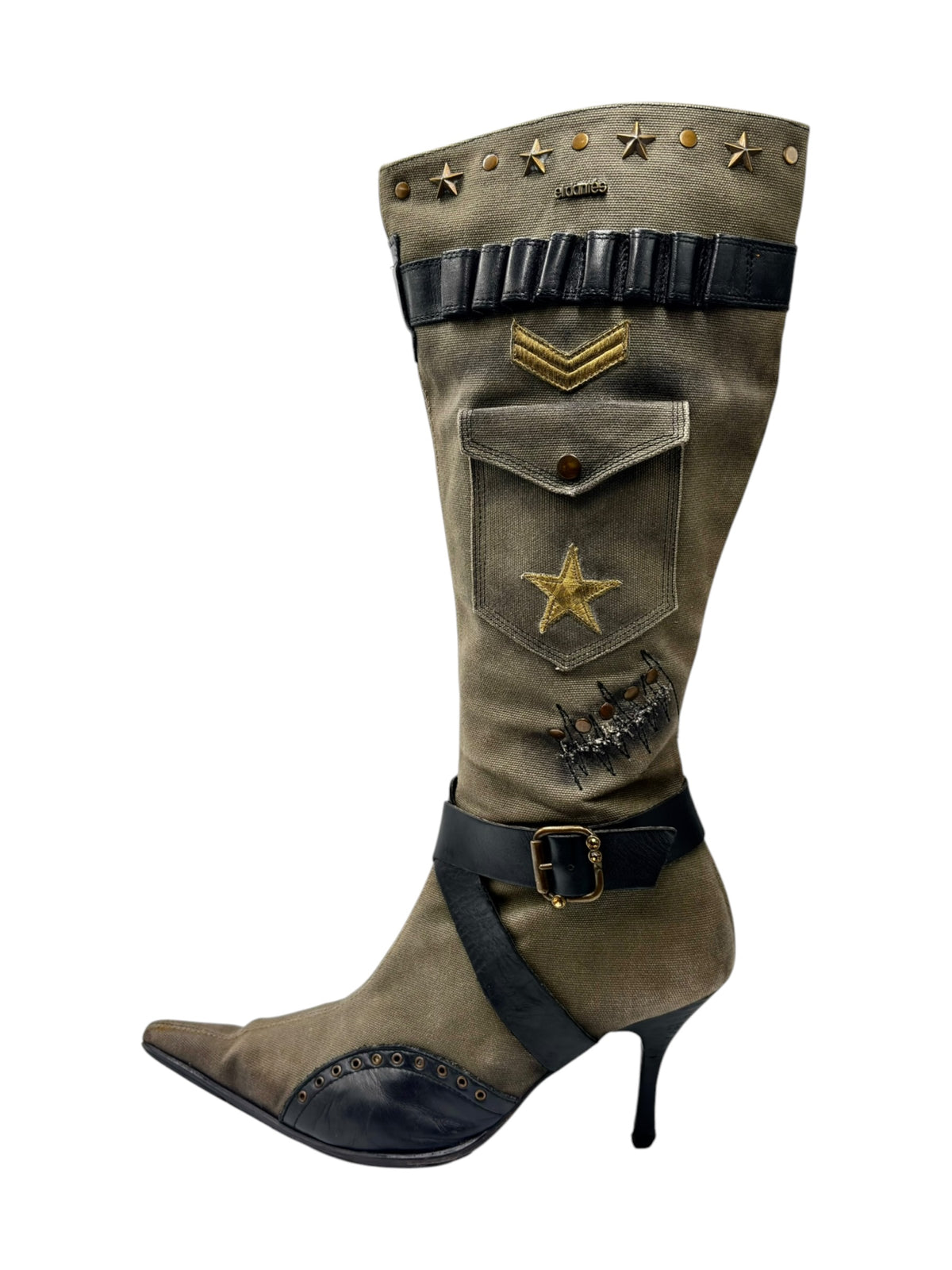 Knee-high olive boots with star patches, studded top band, and side buckle strap