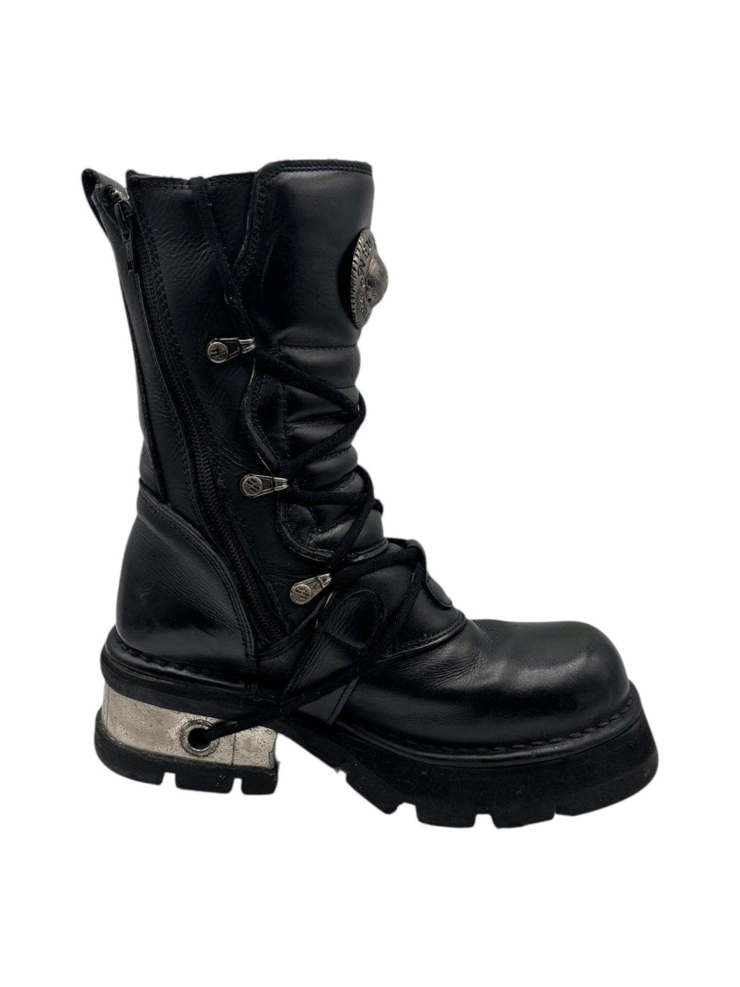 Vintage New Rock buckled raised-heel mid-calf leather boots size 37