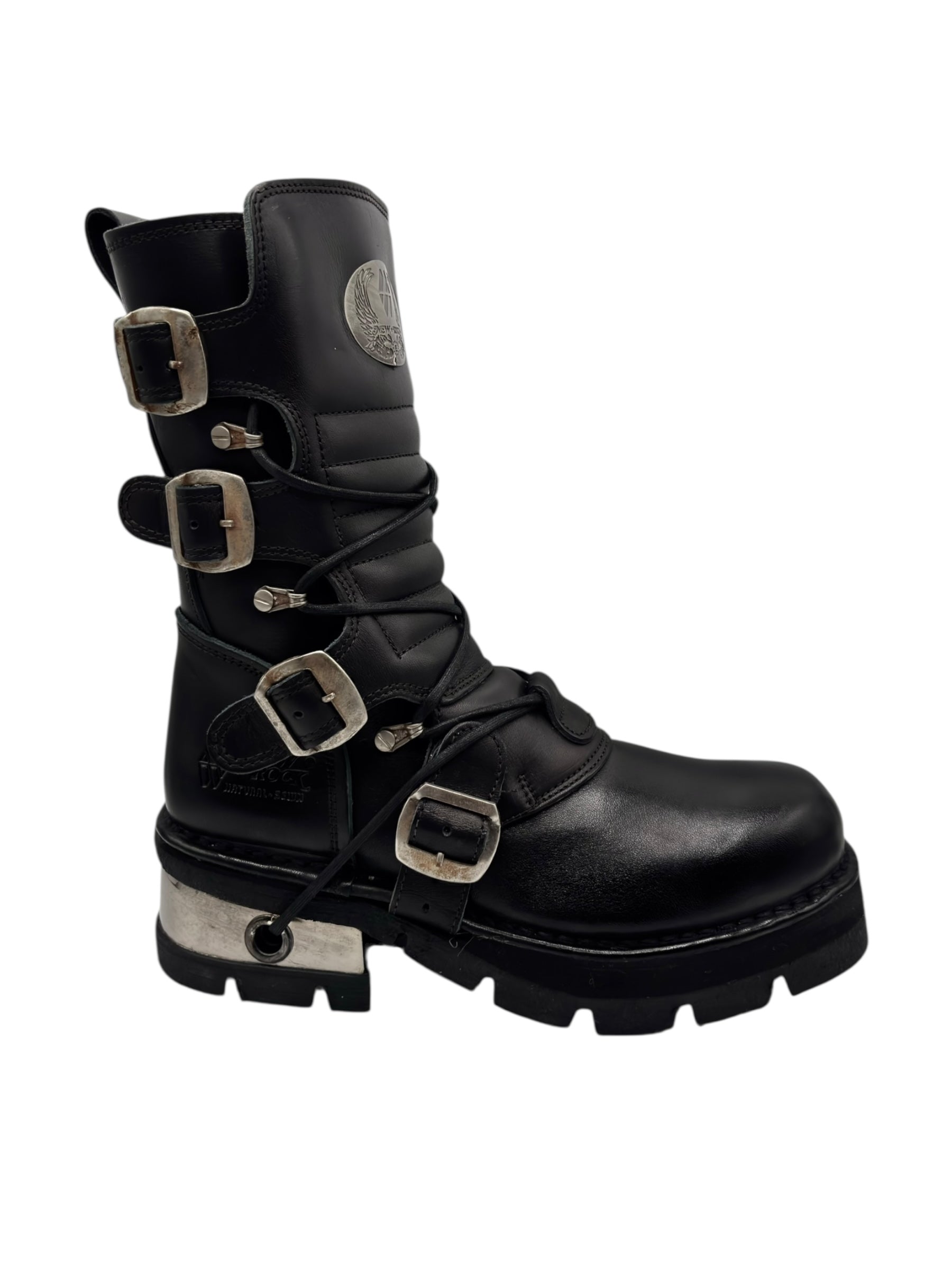 Vintage New Rock buckled raised-heel mid-calf leather boots size 40