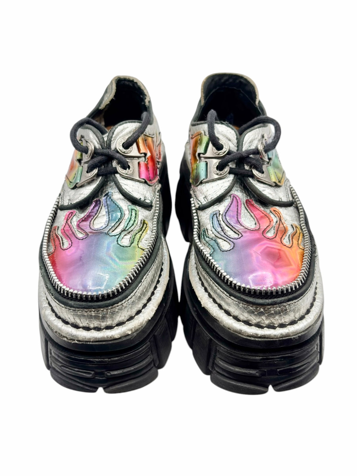 Holographic toe platform ankle boots with rainbow flame embroidery and laces