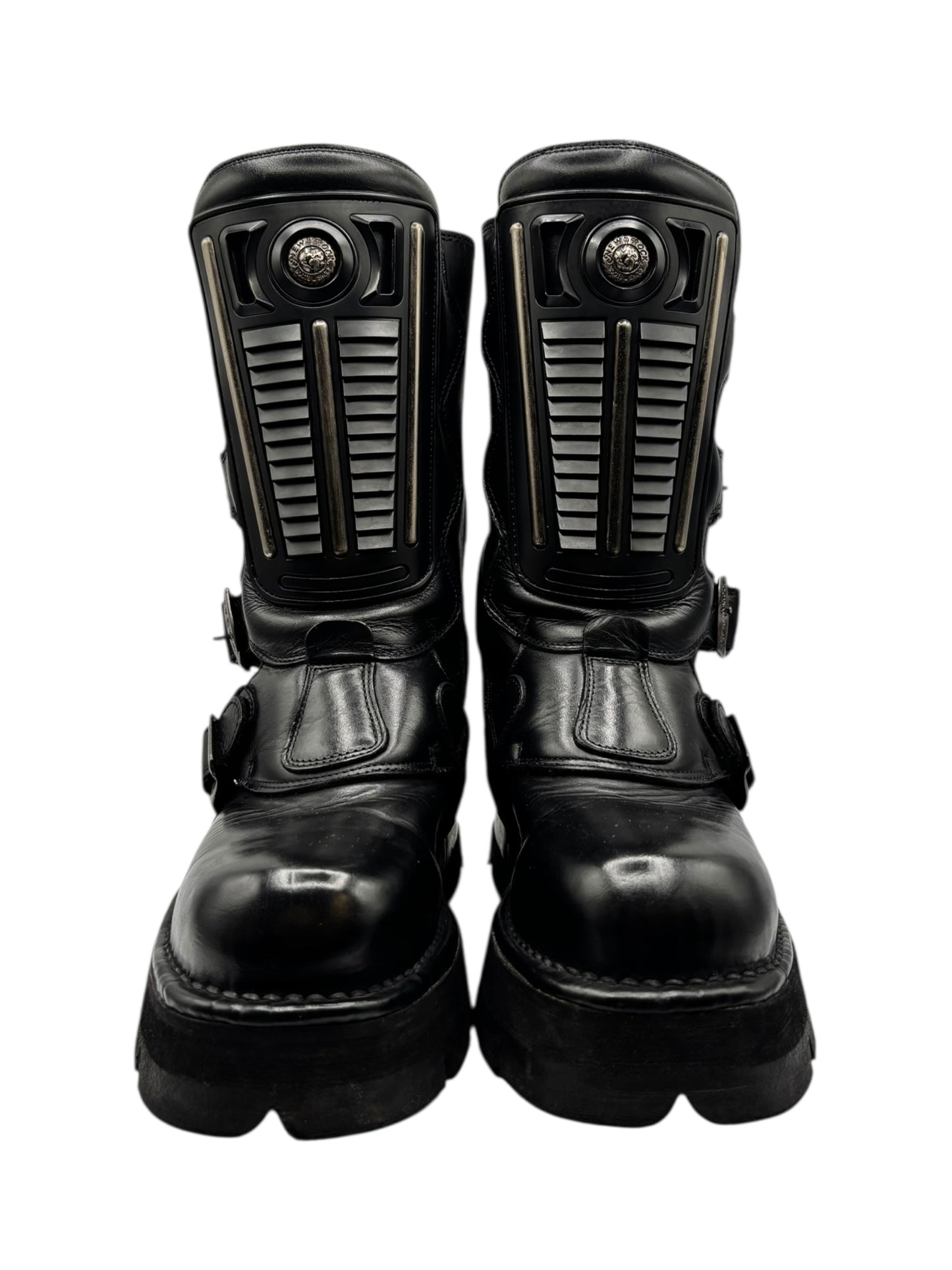 Vintage New Rock buckled raised-heel mid-calf leather boots size 39