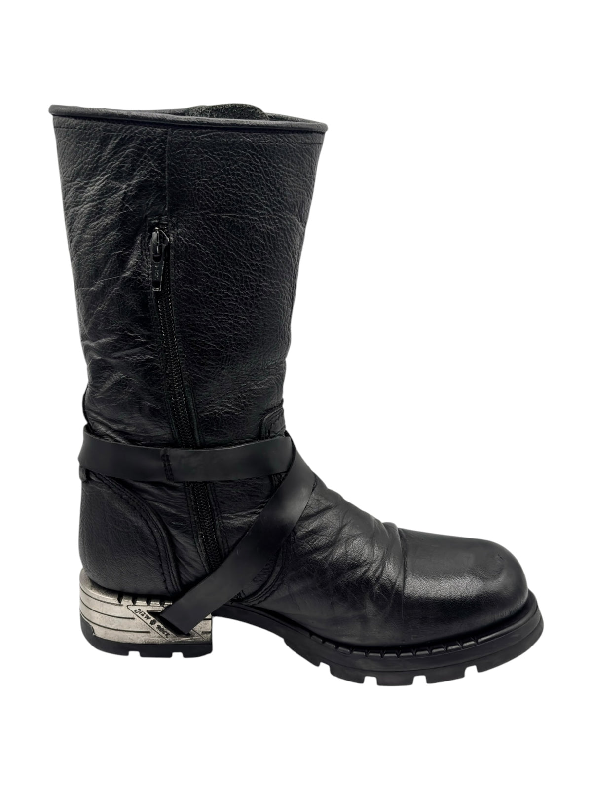 Black leather biker boots with side zipper and stitched panels, thick rugged sole