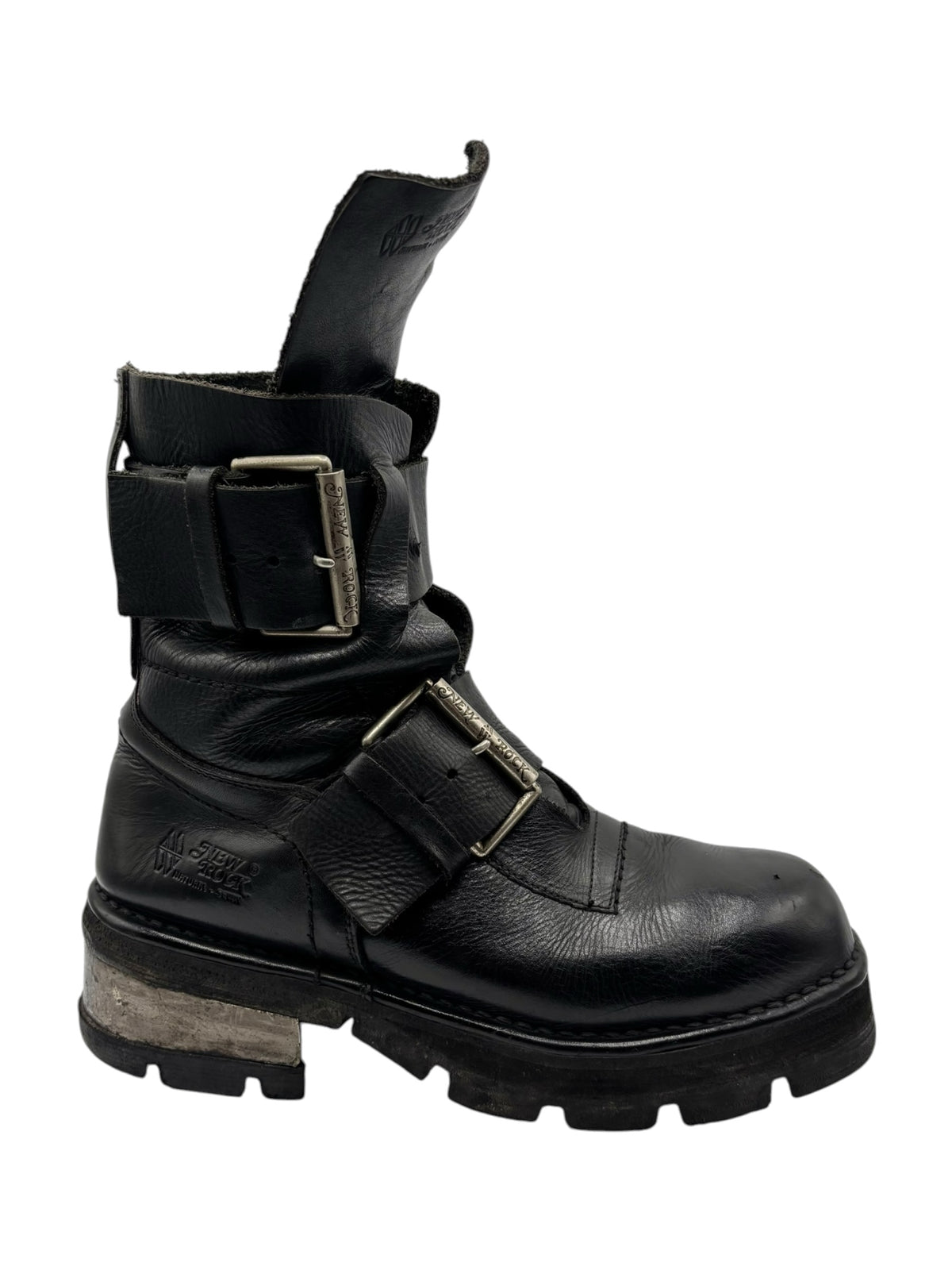 Black leather mid-ankle boots with multiple buckles and thick platform sole