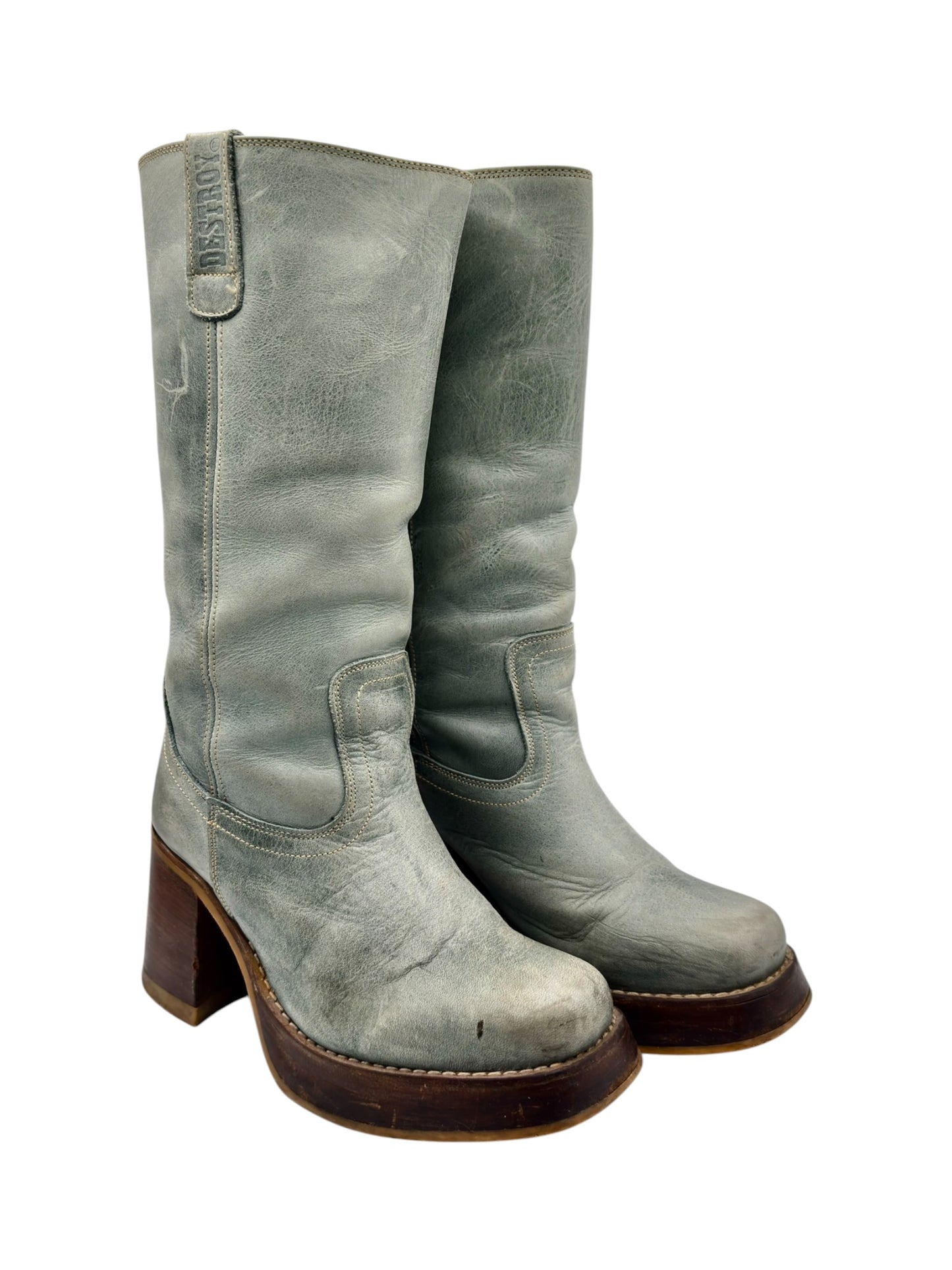 Vintage Destroy green block platform leather boots