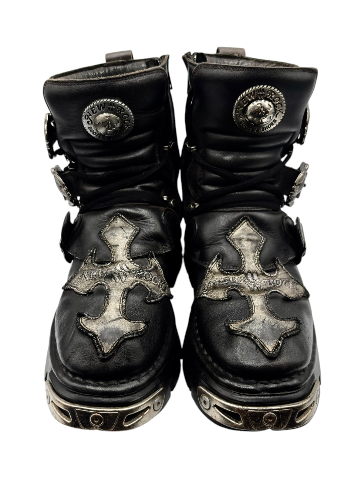 Vintage New Rock cross-reactor boots, black leather, studded straps, cross panel, chunky sole
