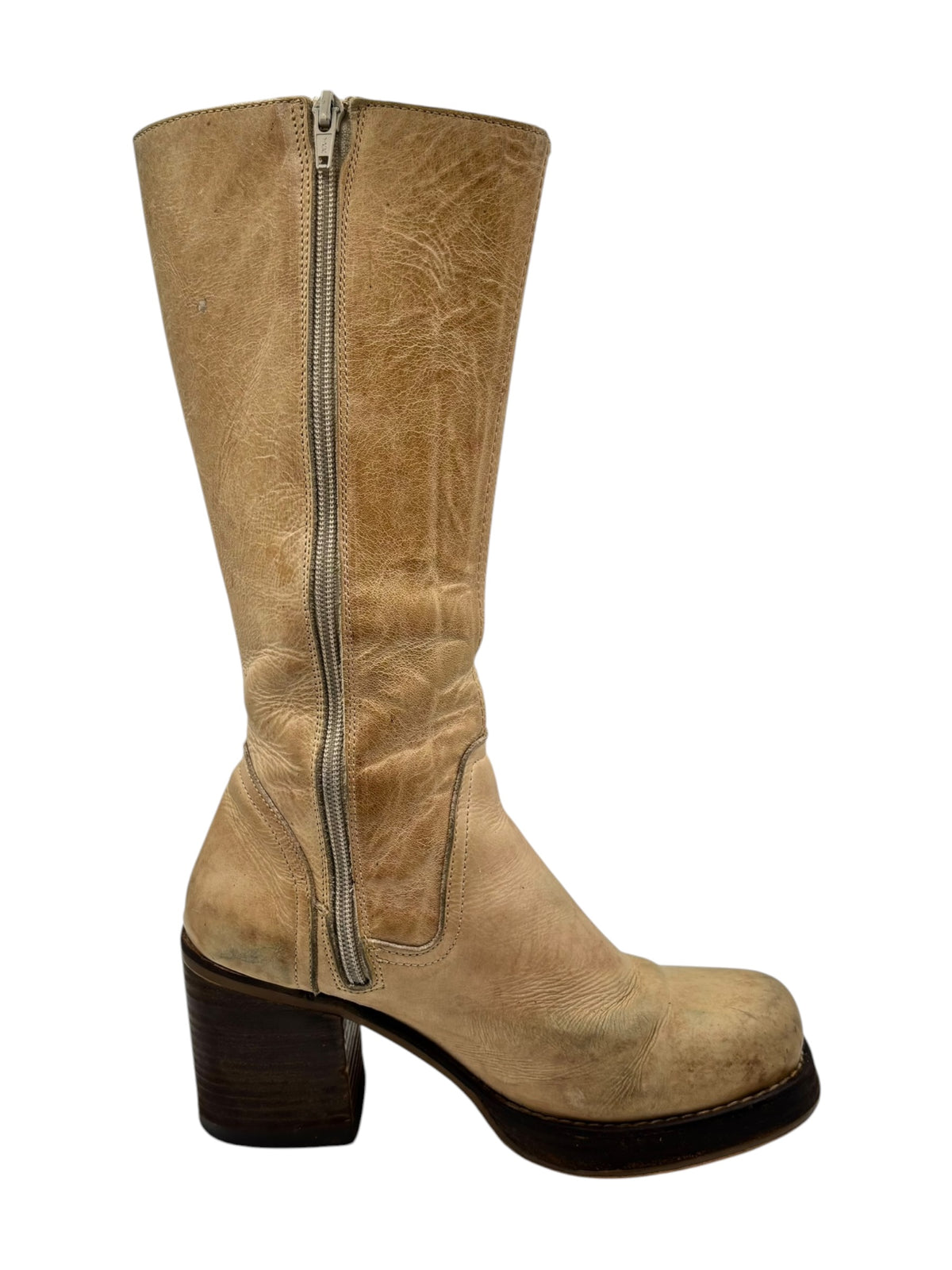 Beige knee-high leather boots with side zipper, chunky block heel, dark sole trim.
