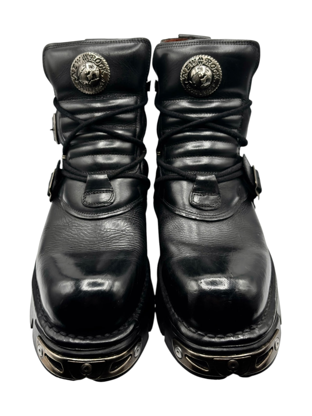 New Rock vintage ankle boots, black leather look, lace-up with metal emblems