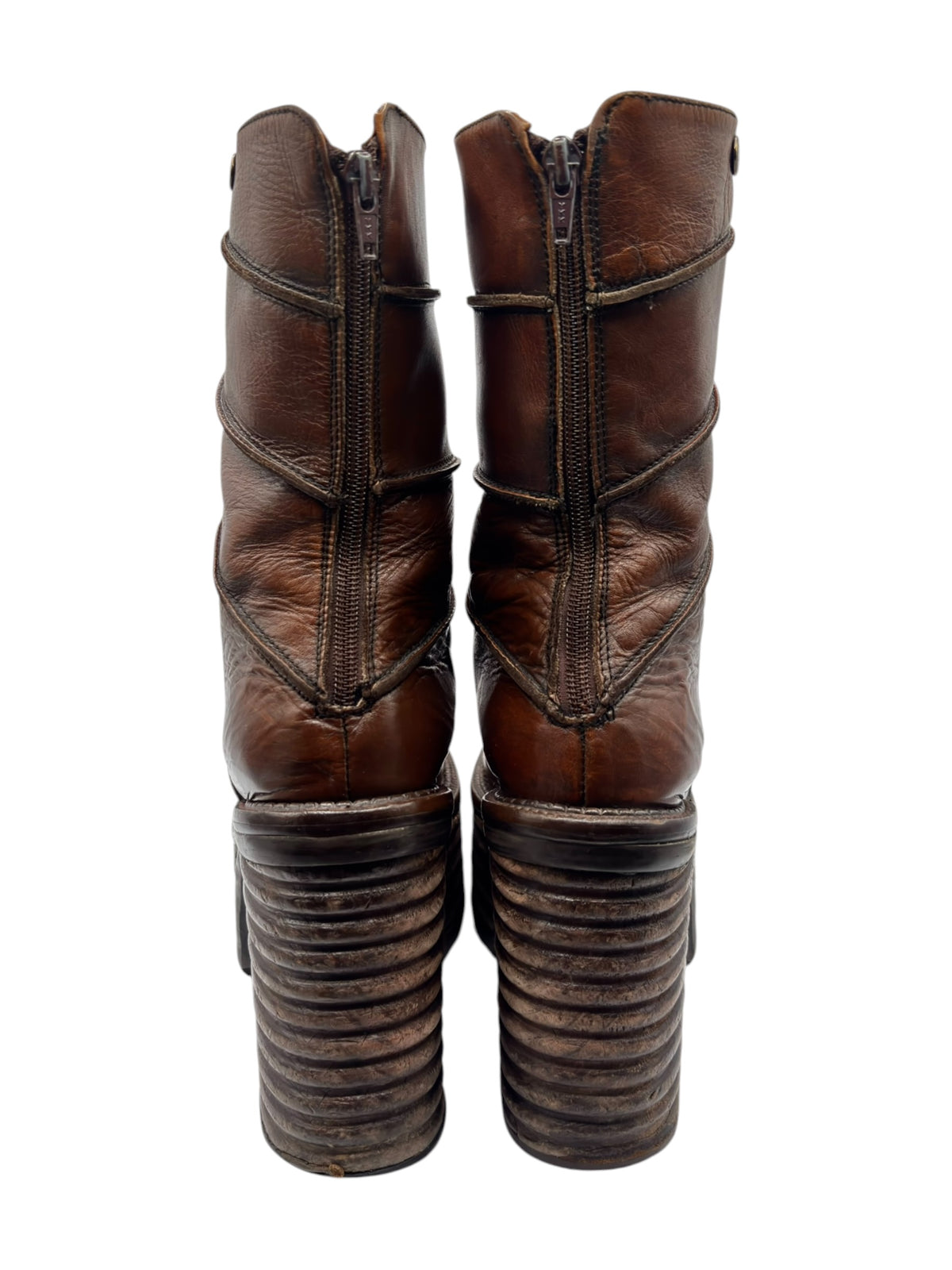 Back view of brown mid-calf boots showing two side zippers and stacked heels.