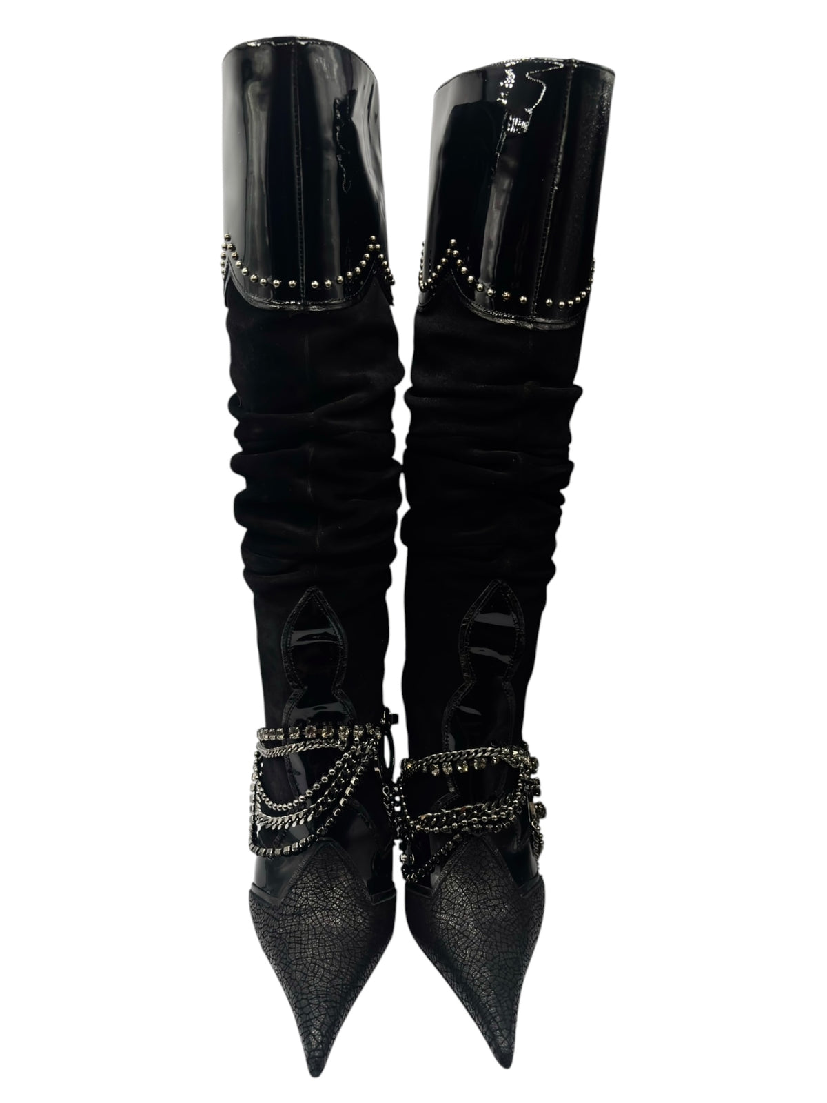 Front view of black knee-high boots with ruched shaft and jeweled ankle straps