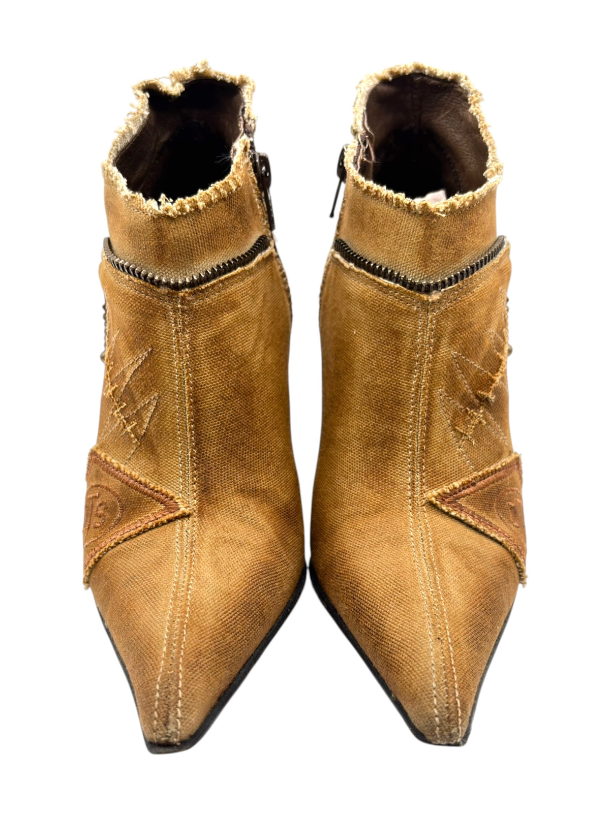 Vintage brown denim ankle boots with stiletto heels, lace-up front and frayed collar