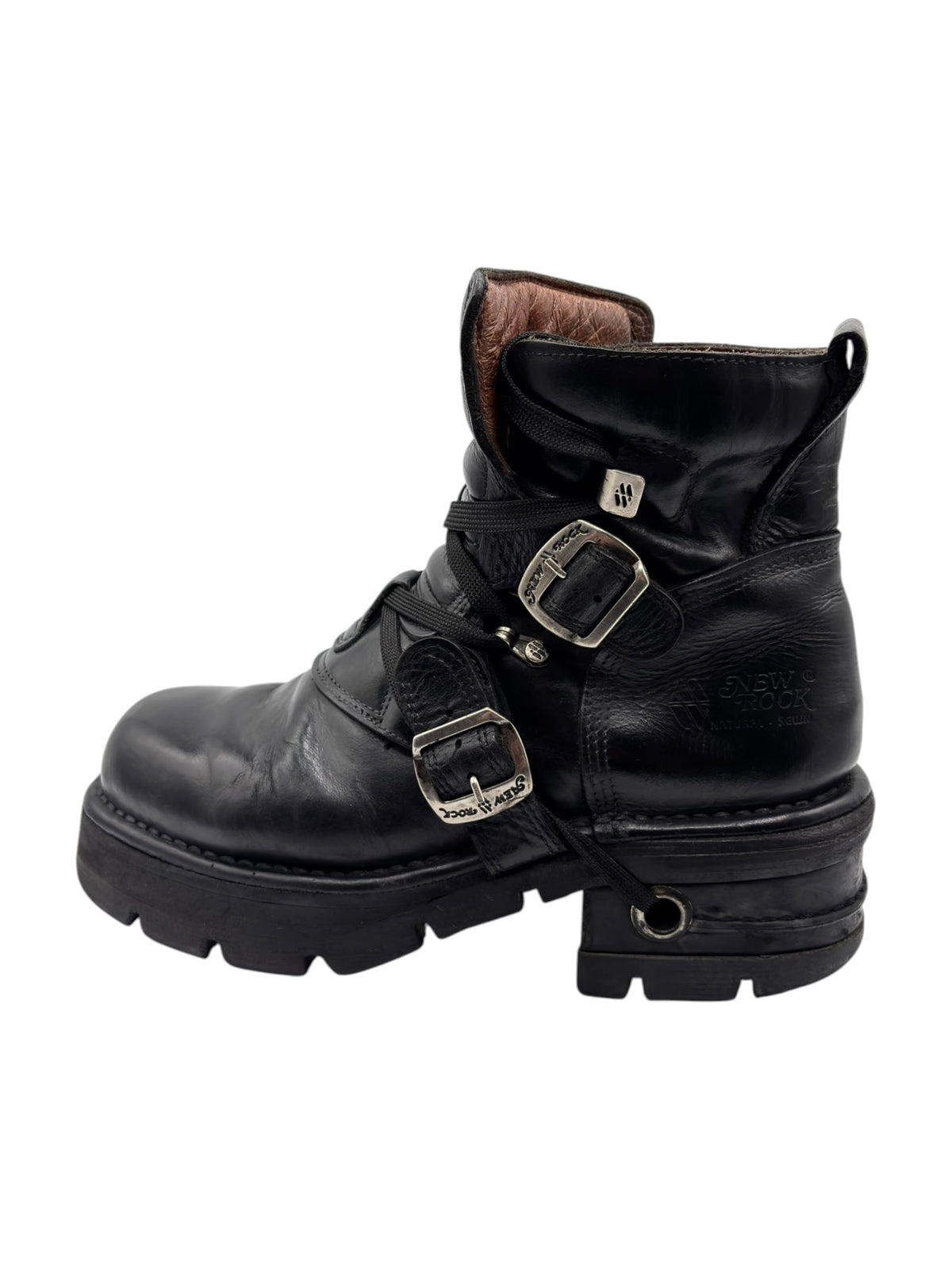 Black vintage raised-heel leather boots with double buckles and straps
