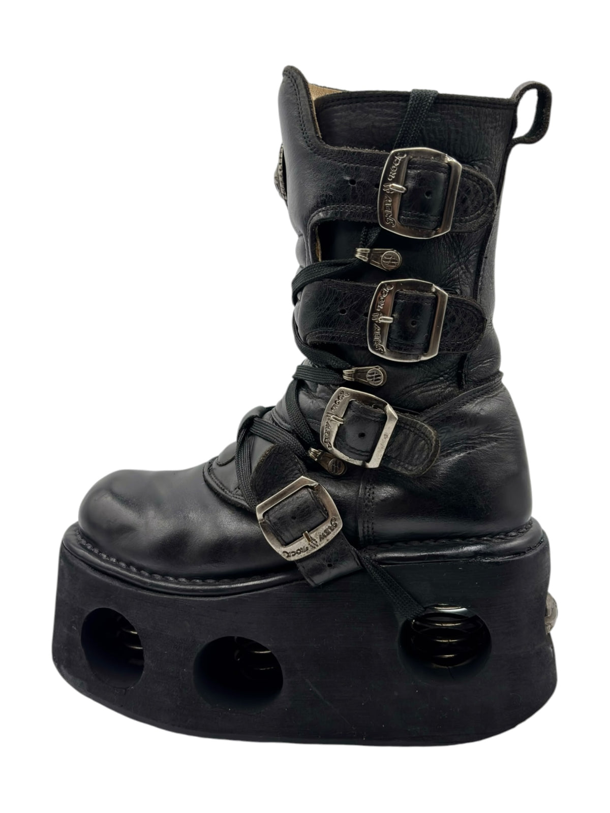Black mid-calf platform boots with multiple buckle straps and lace-up front
