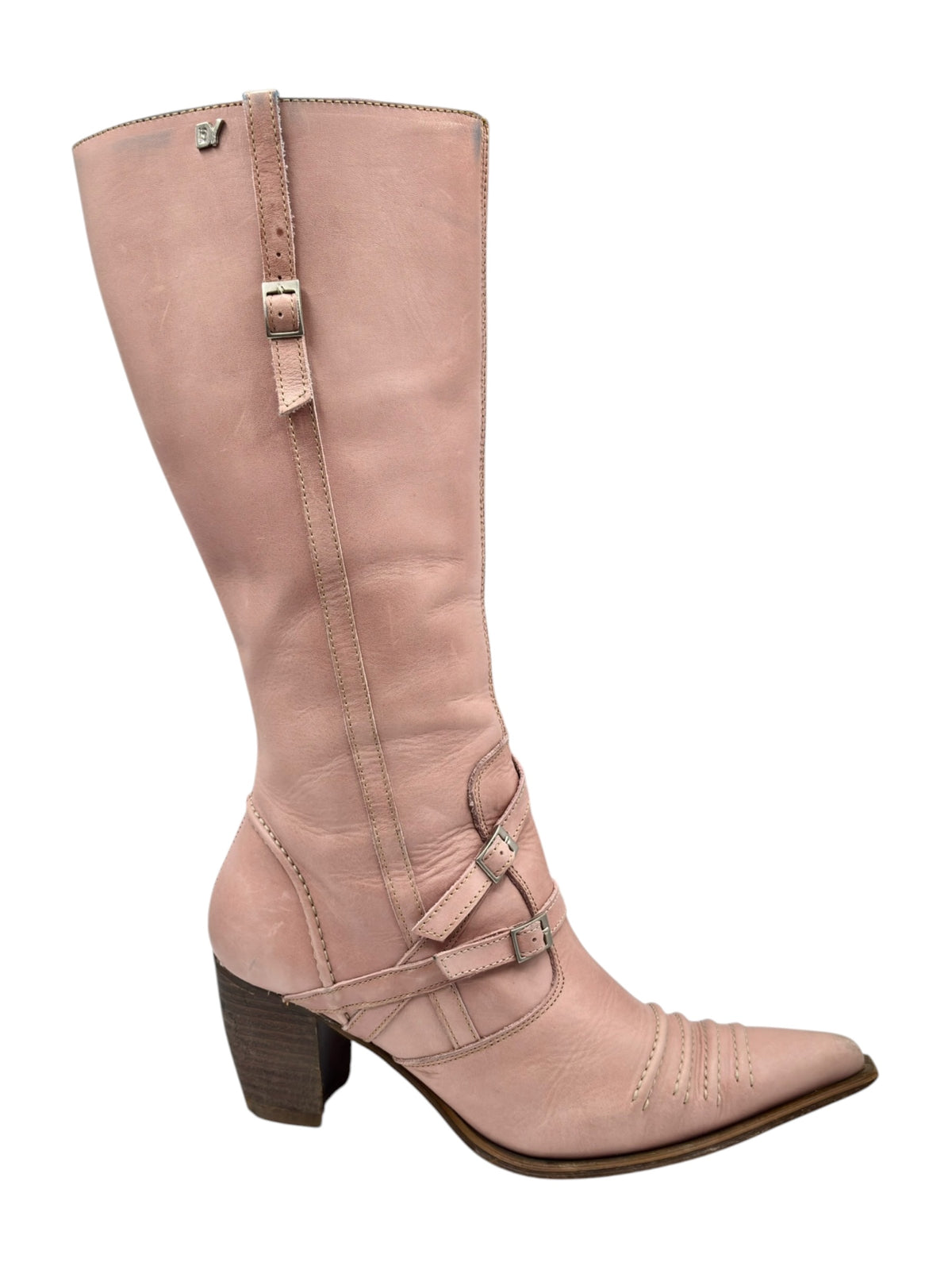 Pink leather pointy-toe knee-high boots with side buckle strap and low block heel