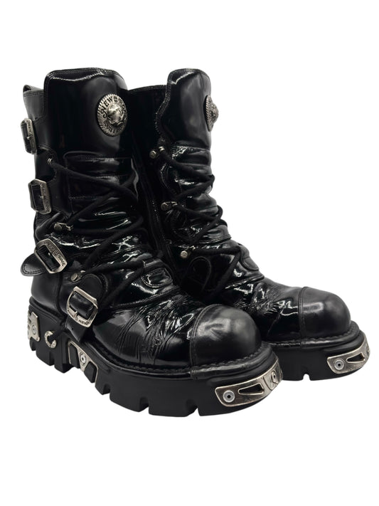 New Rock mid-calf reactor leather boots, black, lace-up with buckles and metal plates