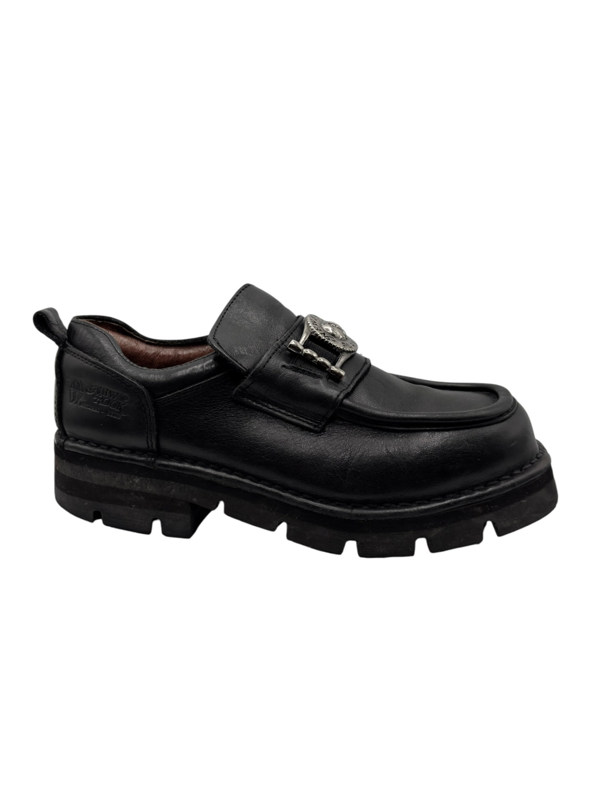Vintage New Rock leather loafer profile view, black leather and decorative buckle