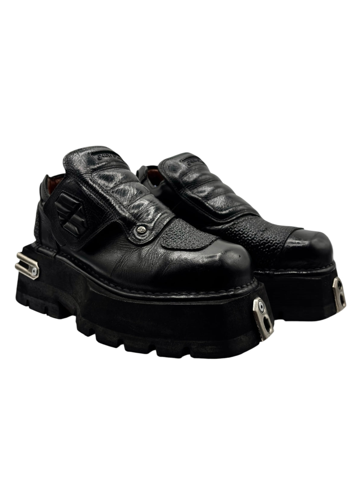 Vintage New Rock platform boots side angle, black leather-look with buckled strap and lug sole