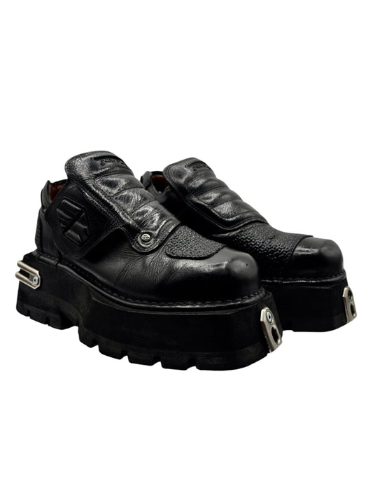 Vintage New Rock platform boots side angle, black leather-look with buckled strap and lug sole