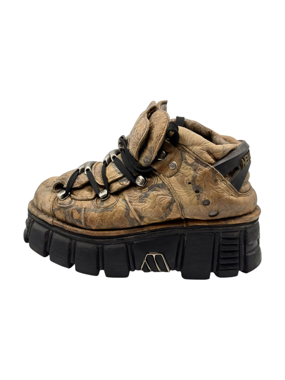 Camo platform lace-up boots in tan-brown with thick black tread sole