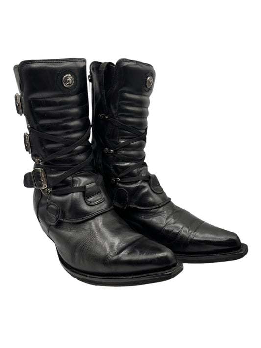 New Rock black cowboy boots angled view with front buckle straps and curved toe