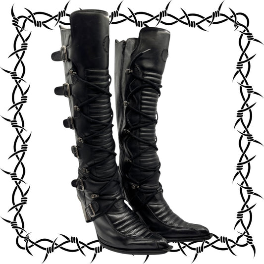 Vintage New Rock knee high leather biker heels size 38