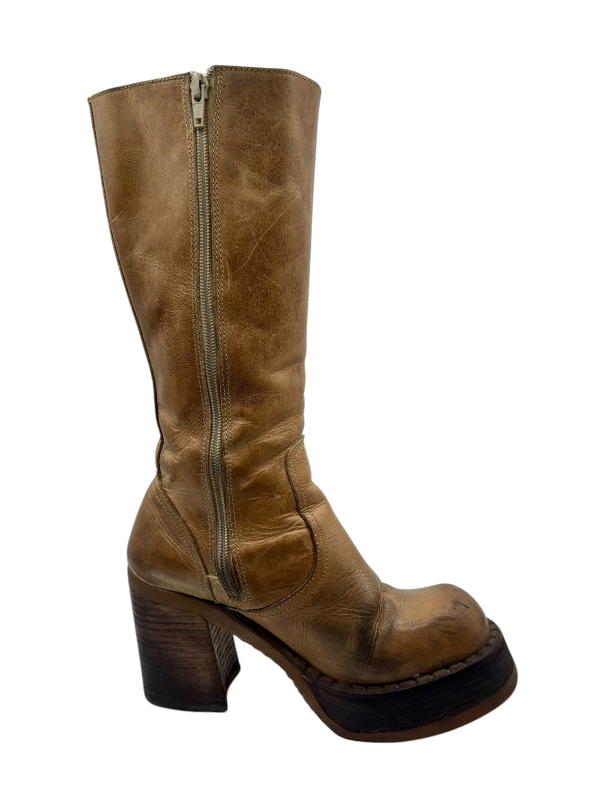 Tan knee-high boots, side view, full-length with zipper closure and block heel.