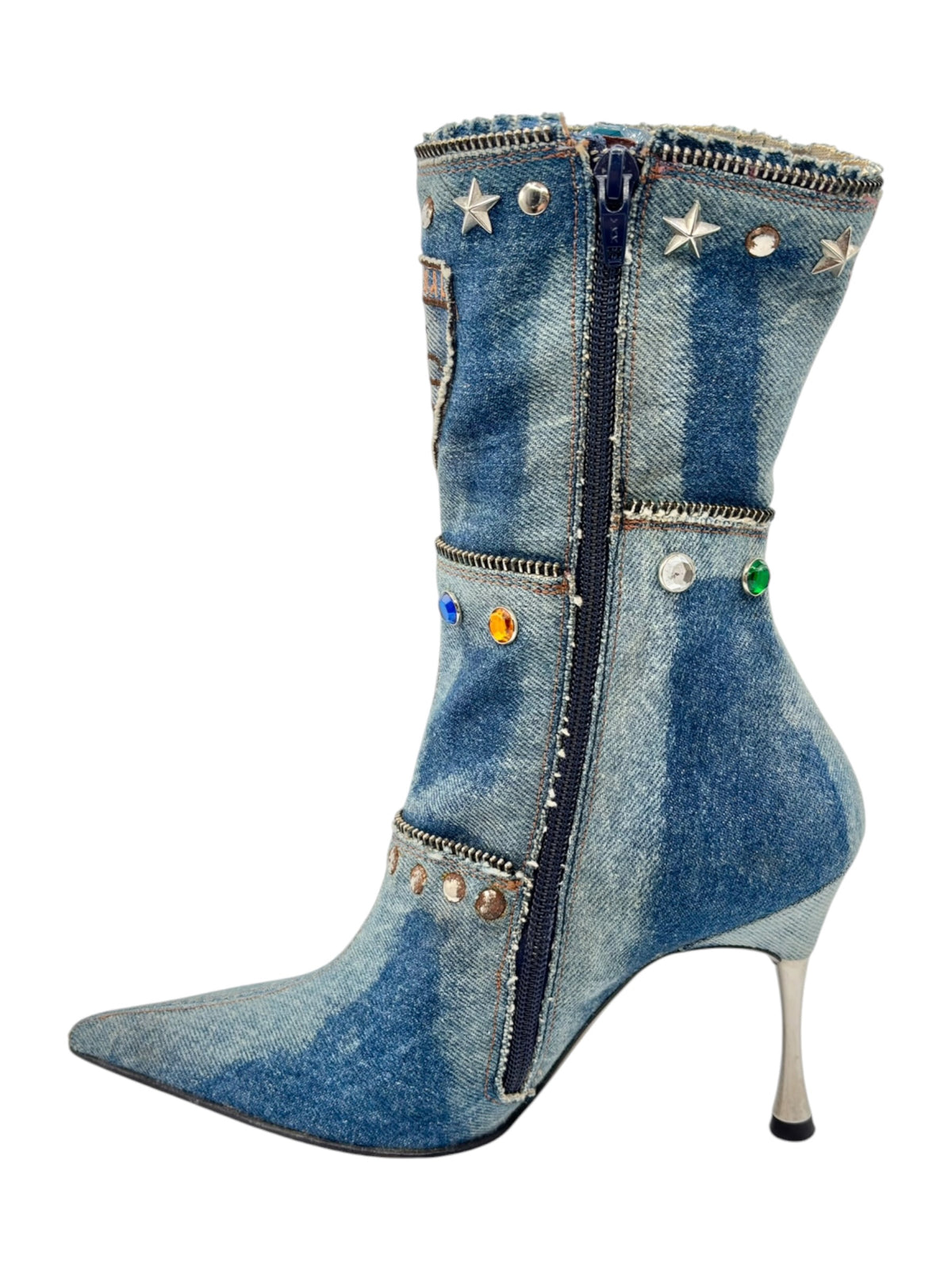Blue denim mid-calf boot with side zipper, star accents, and stiletto heel.