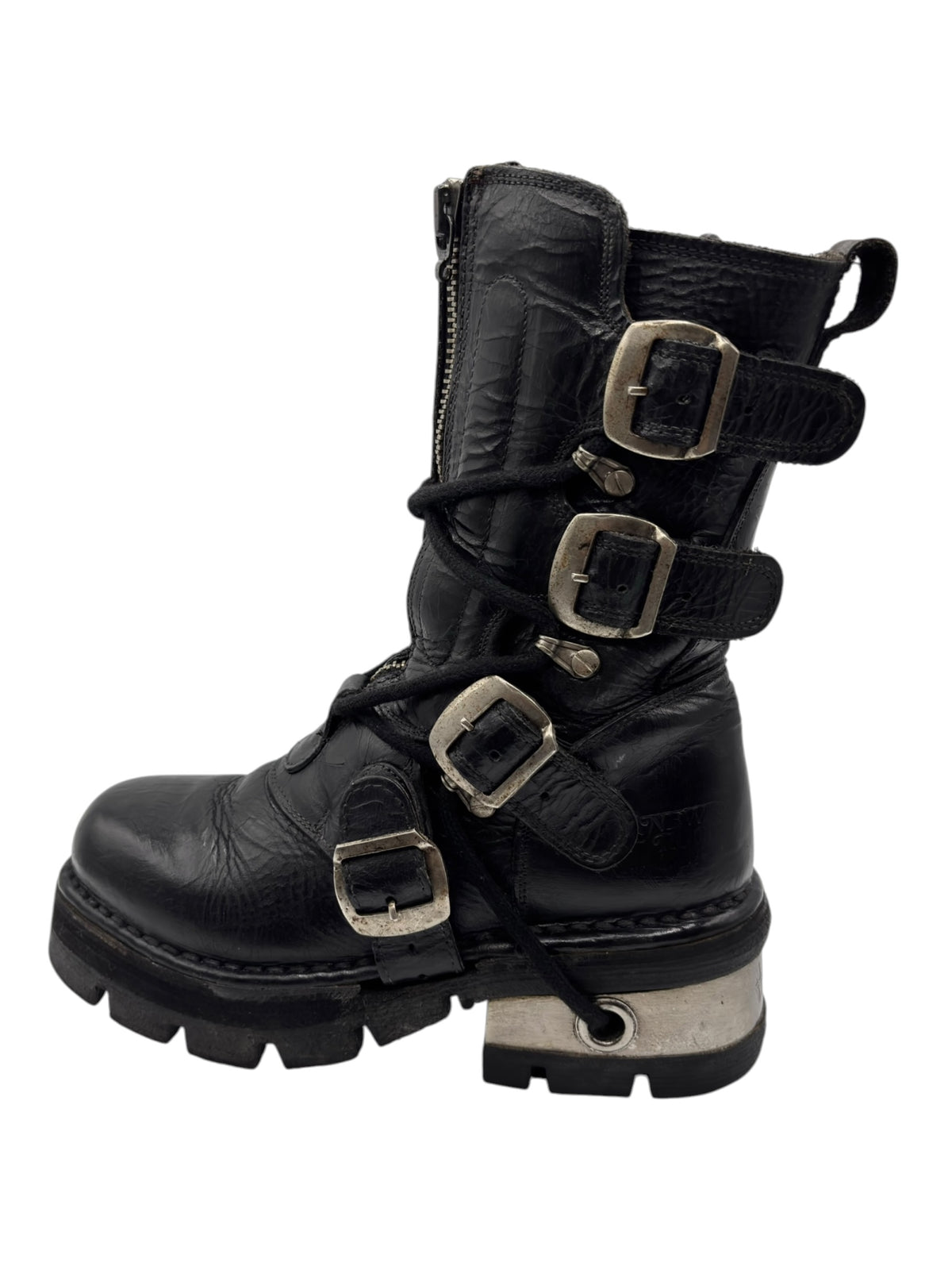 New Rock mid-calf leather boots with triple metal buckles and lace-up straps
