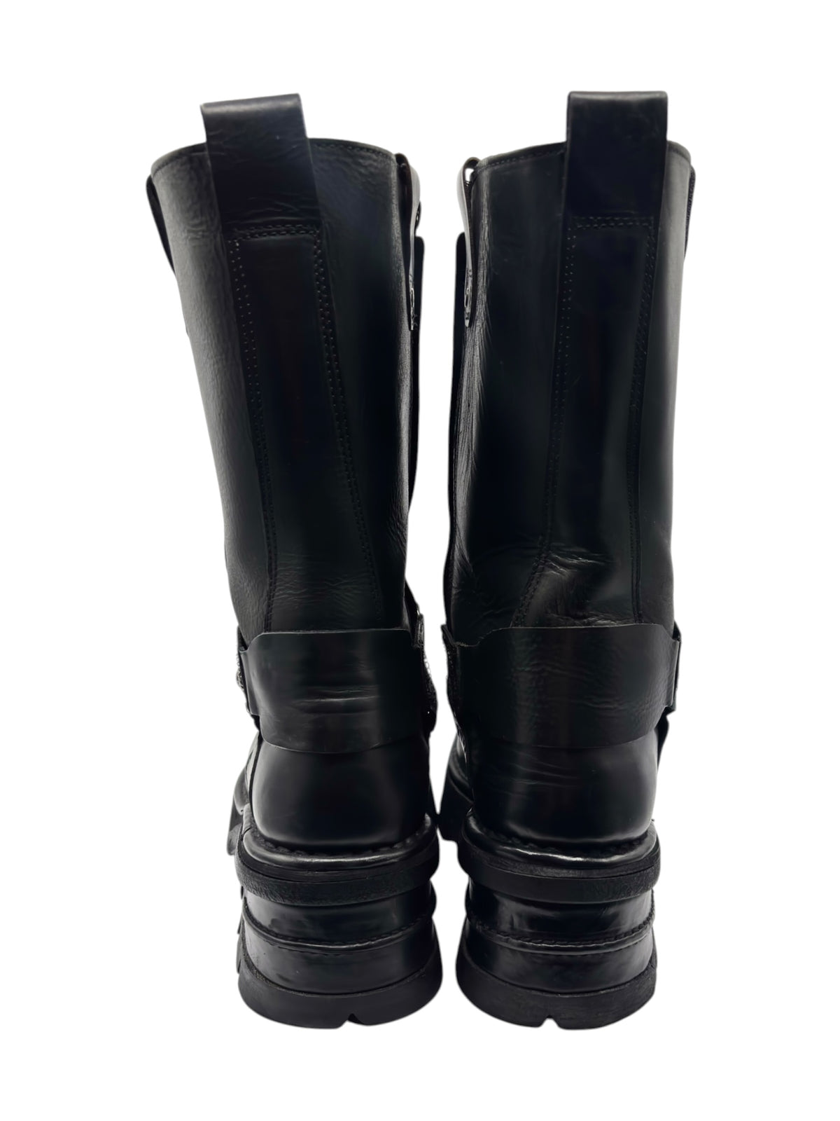 Pair of New Rock vintage black leather biker boots, back view, stacked sole.