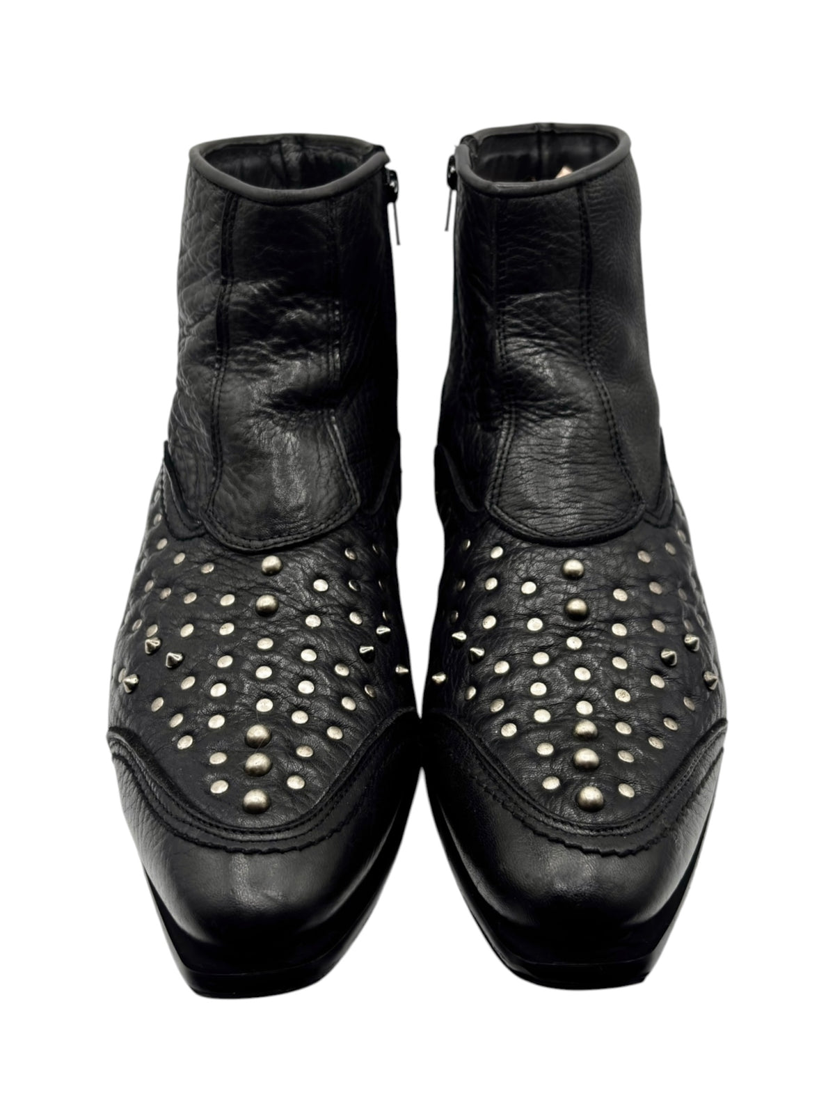 Black leather ankle cowboy boots with gold-tone stud panels at the toe and sides.