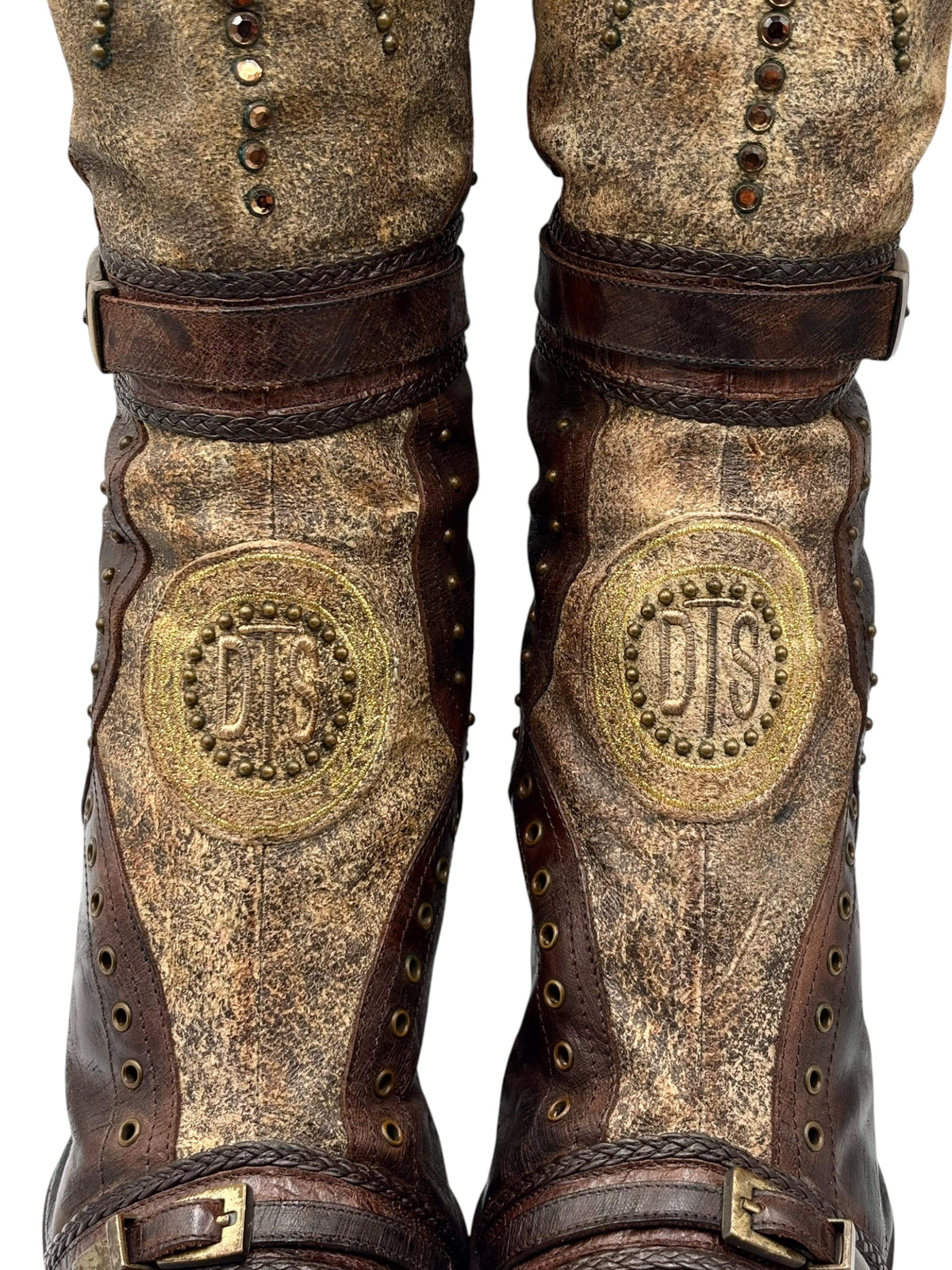 Vintage knee-high boots, distressed gold panels and dark brown leather, emblem and eyelets