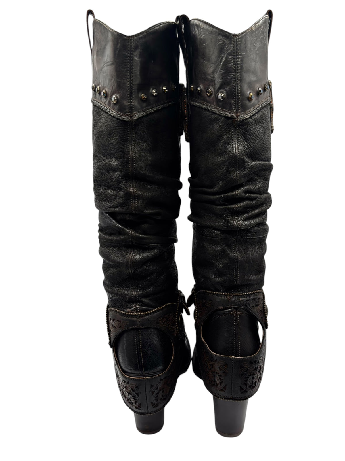 Black knee-high leather boots with lace-up shaft and studded trim