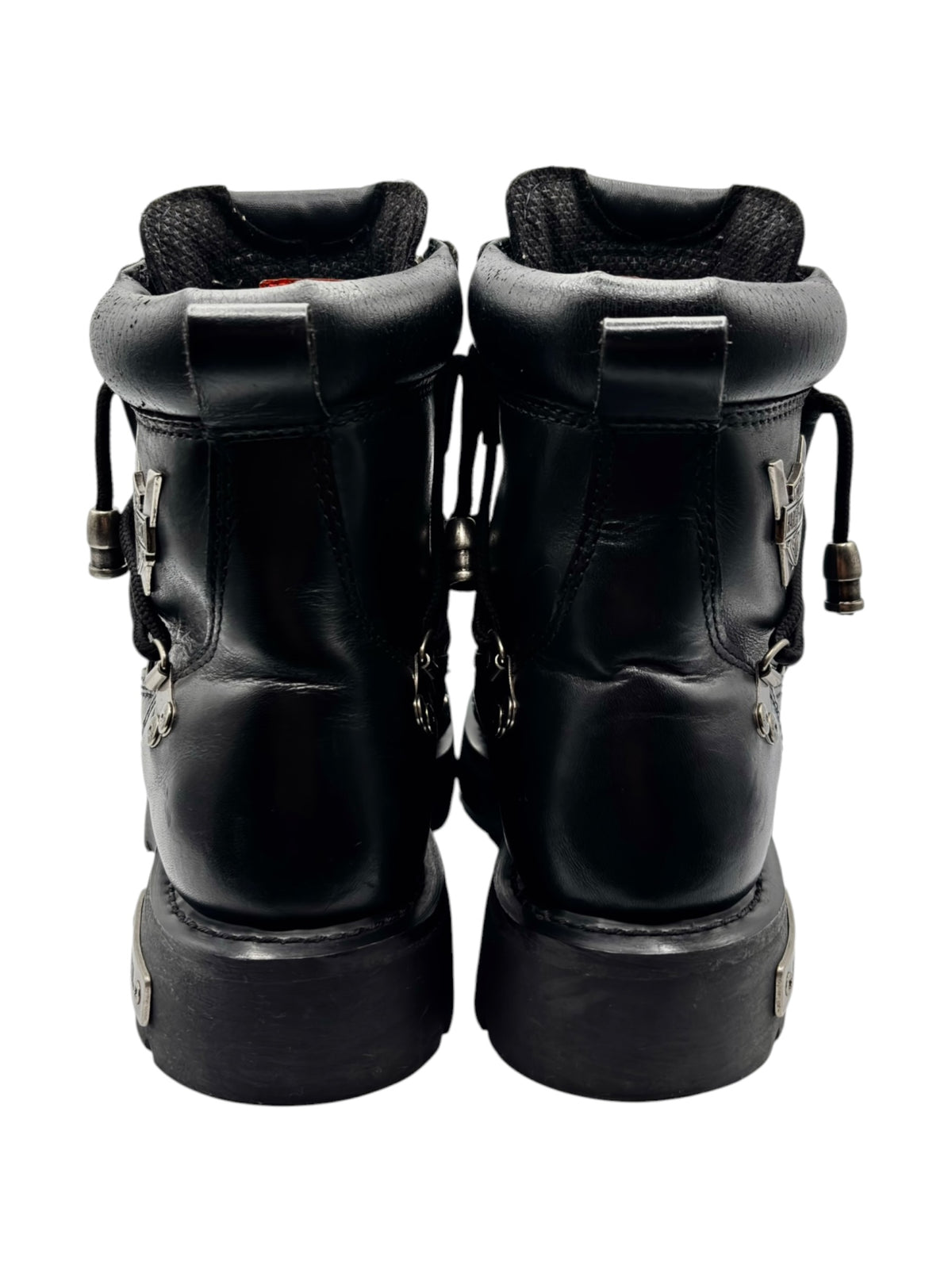 Black leather biker boots with double zippers and side pull straps, stacked heel