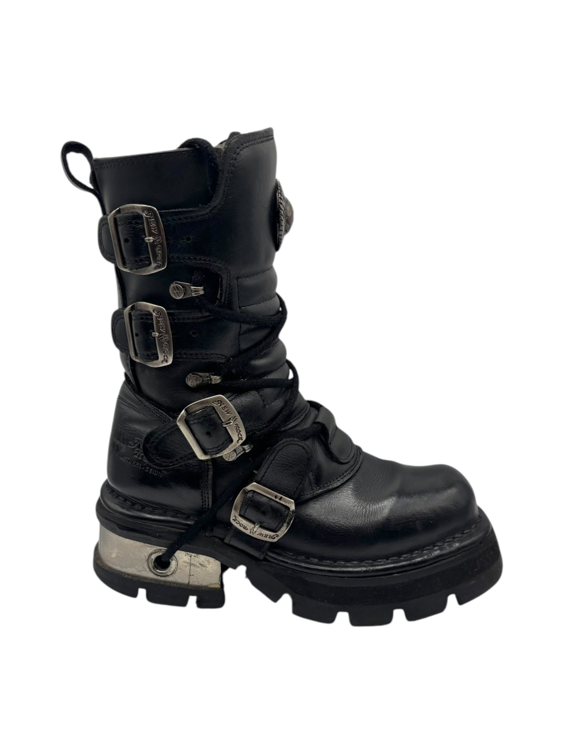 Vintage New Rock buckled raised-heel mid-calf leather boots size 37