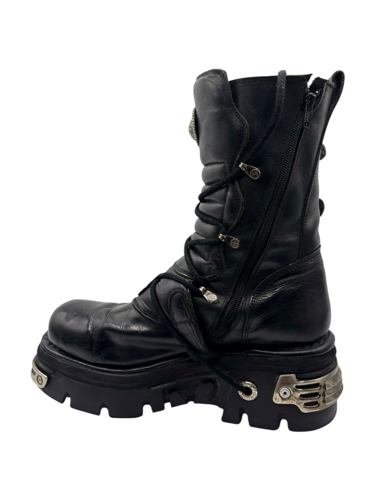 Black mid-calf reactor boots with side zipper and wrapped lace detail