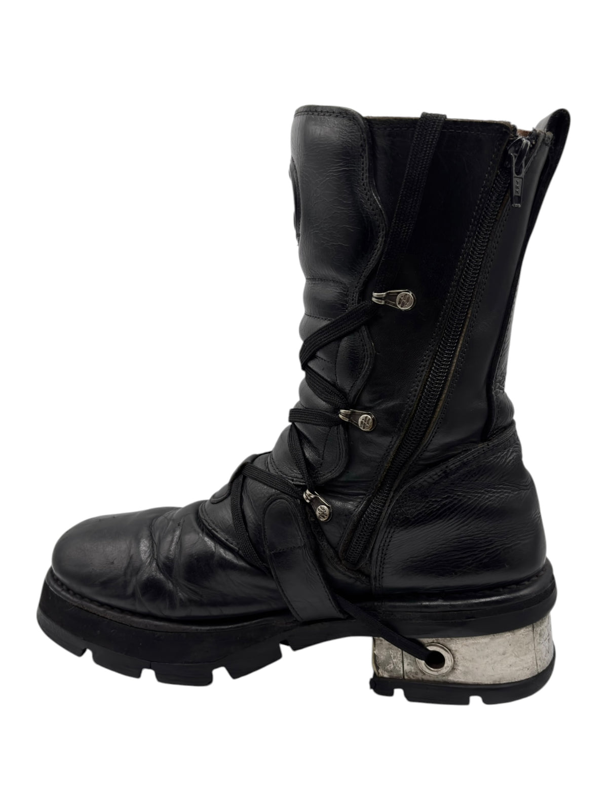 Black leather mid-calf boots with side zipper panel, strap detail, rugged sole