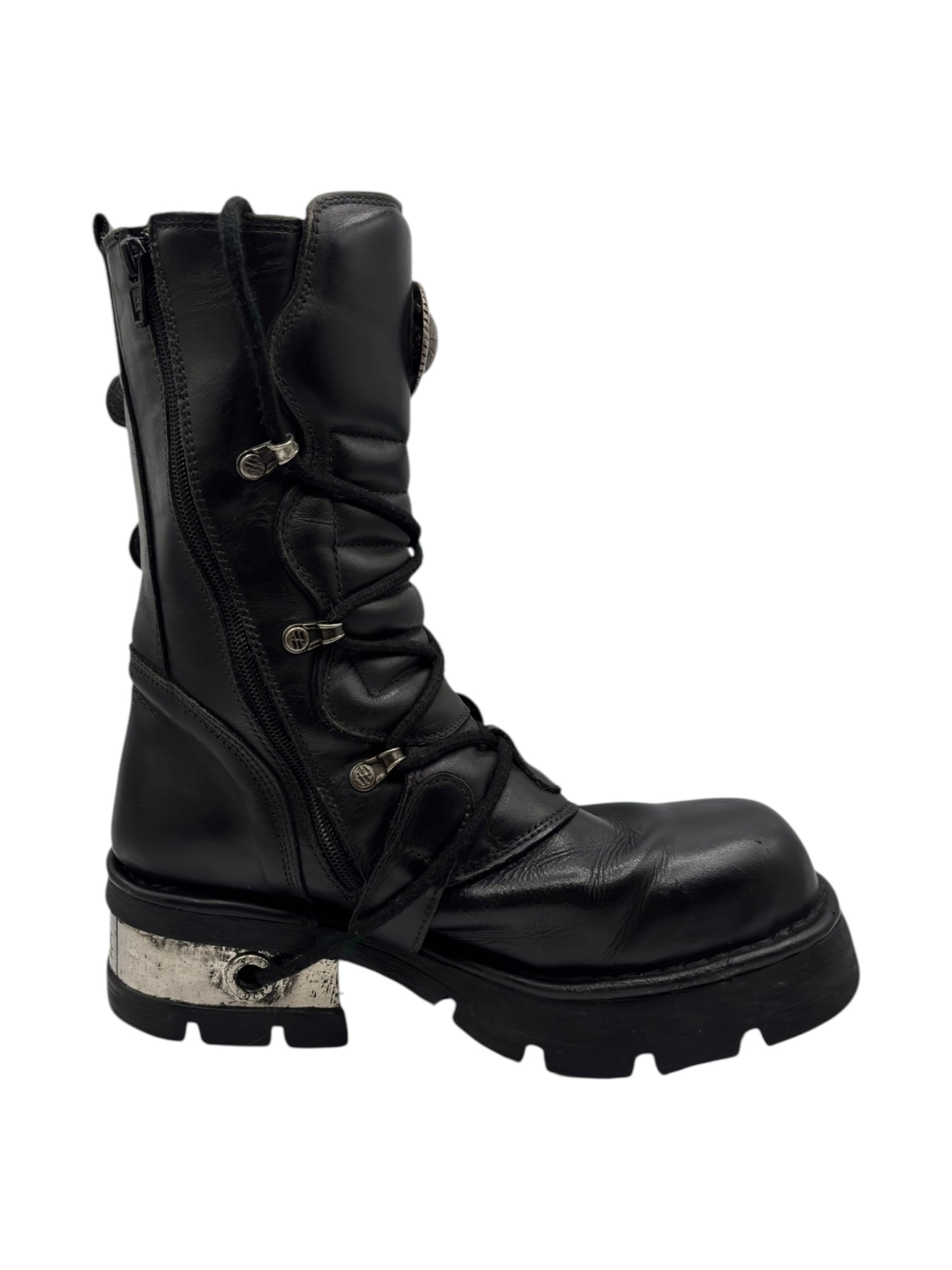Vintage New Rock buckled raised-heel mid-calf leather boots size 40