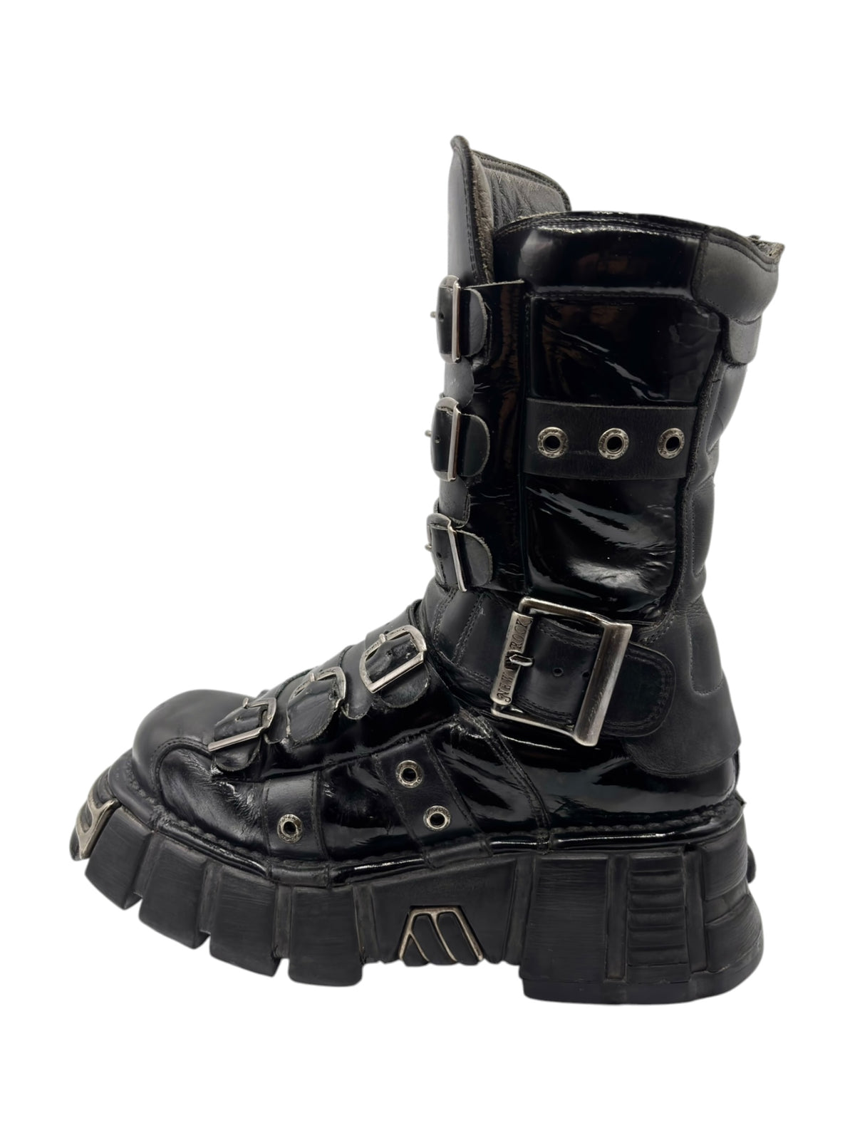 Vintage black leather ankle boot with multiple buckles and chunky platform sole