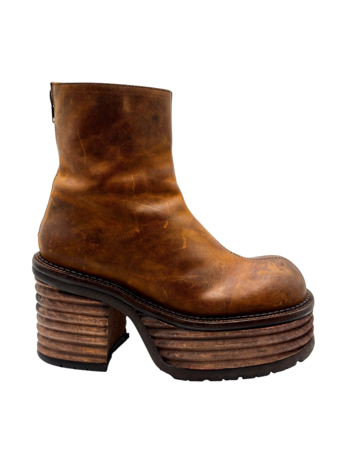 Brown leather platform ankle boots with side zipper and thick stacked heel