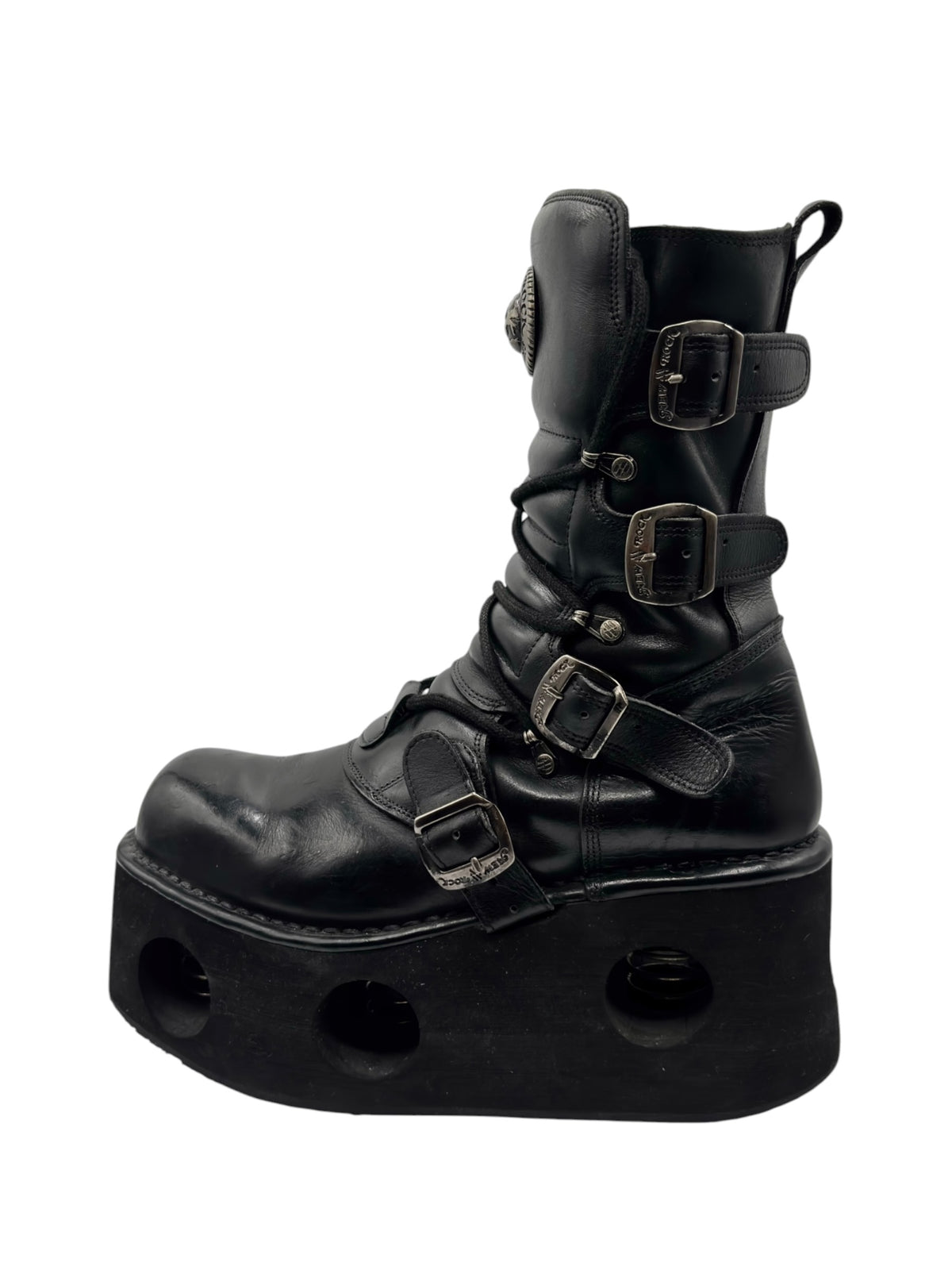 Vintage black platform lace-up boots with side buckle straps and chunky sole