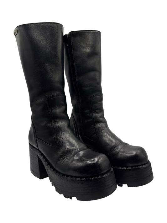 Vintage knee-high block platform boots, dark leather, stacked heel and side profile