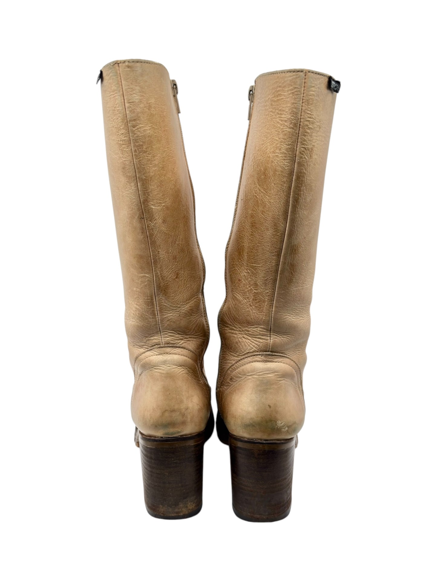 Vintage Destroy beige knee high block platform leather boots