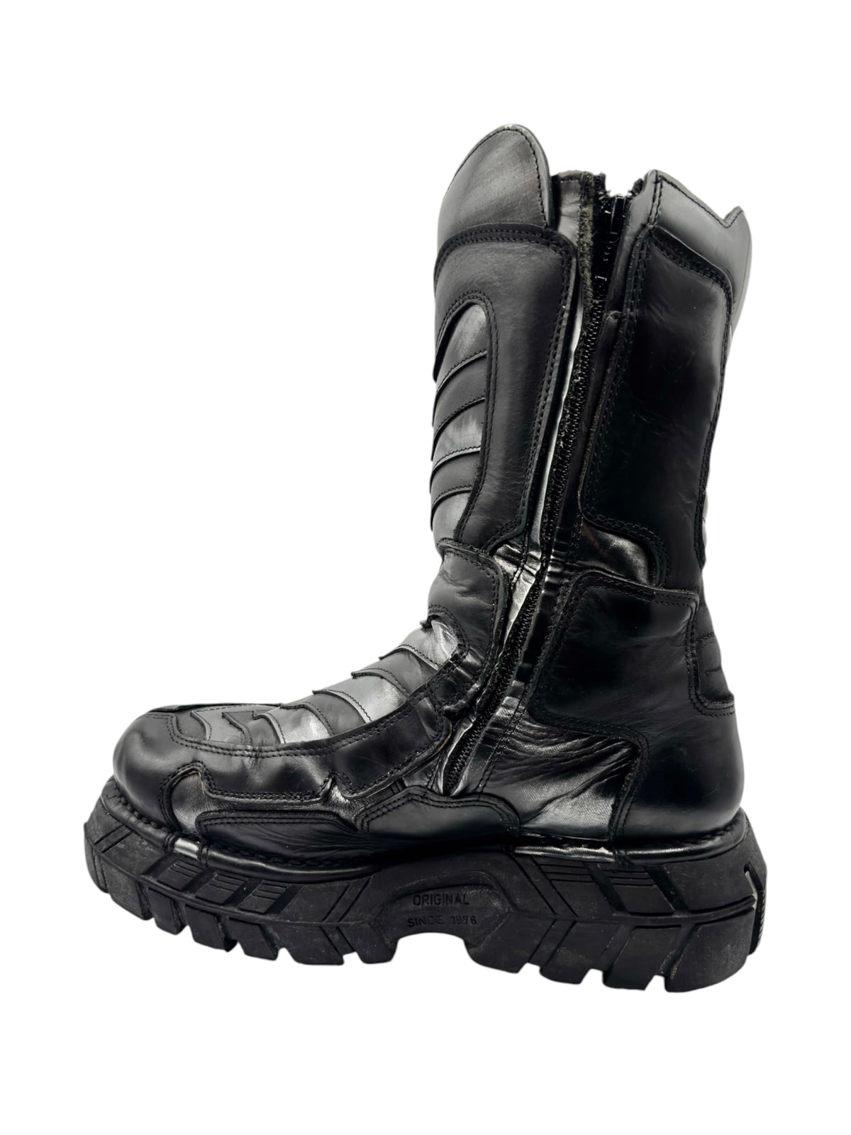 Black lace-up tall boots with front zipper and rugged platform sole