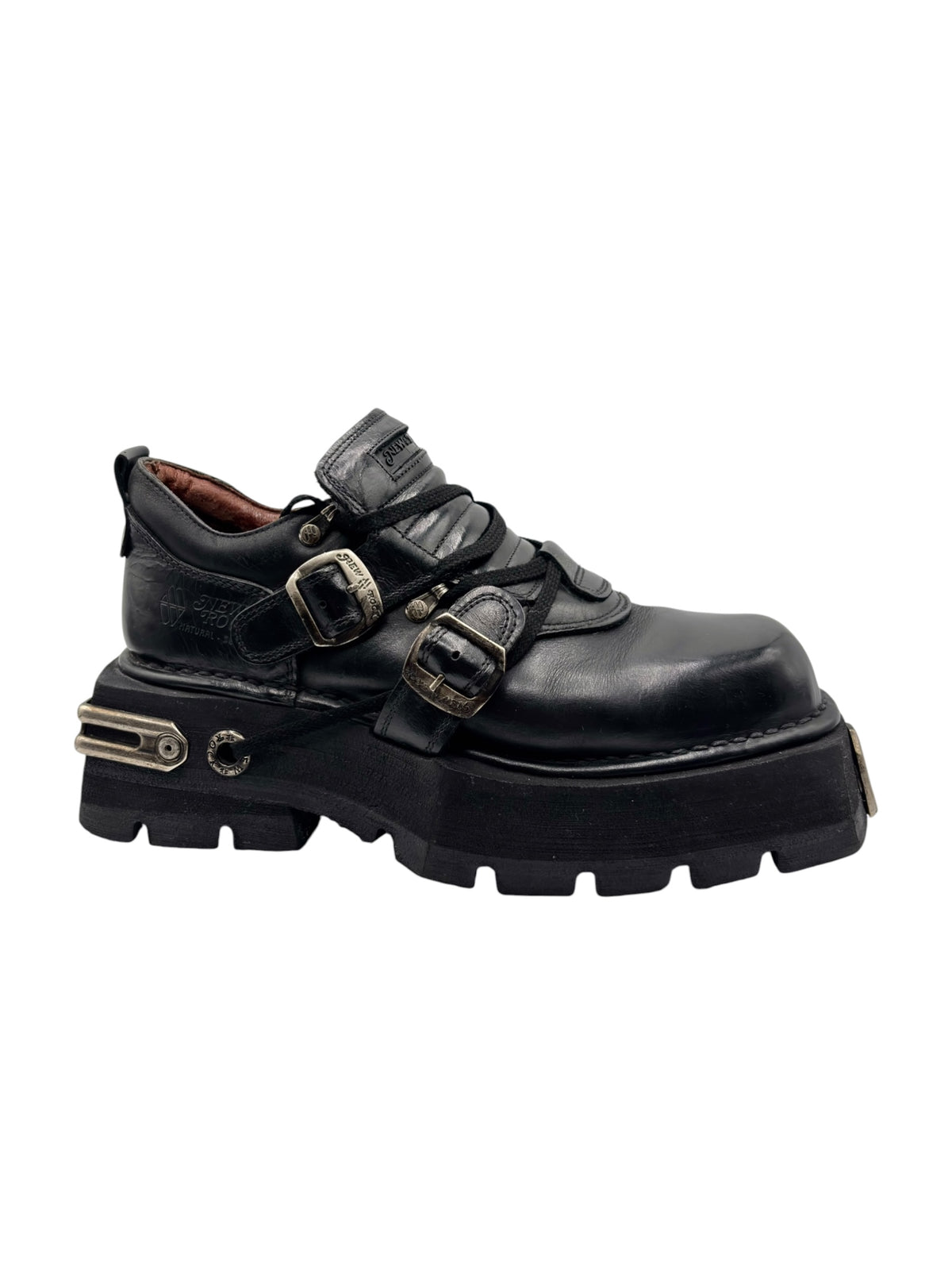 Vintage New Rock Pluto platform boots in black with front buckles and chunky platform sole