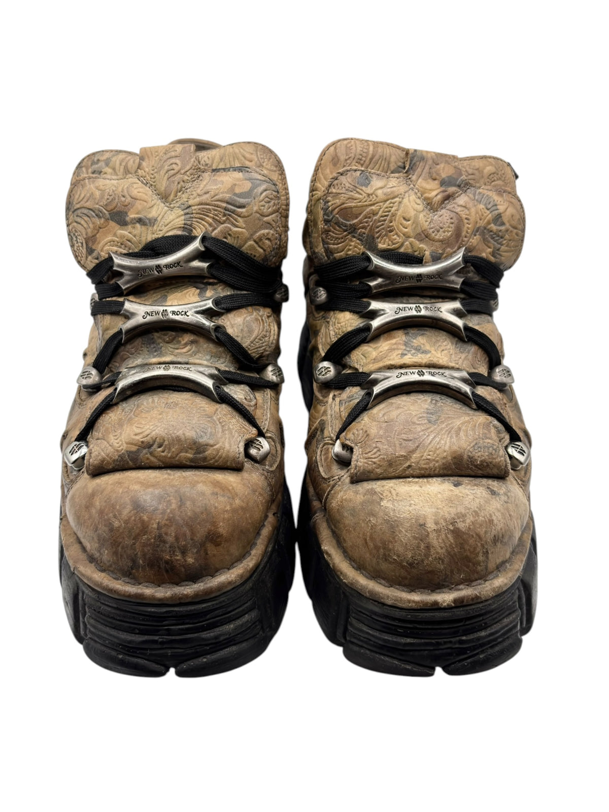 Back view of tan-brown camo New Rock platform boots with lace-up straps