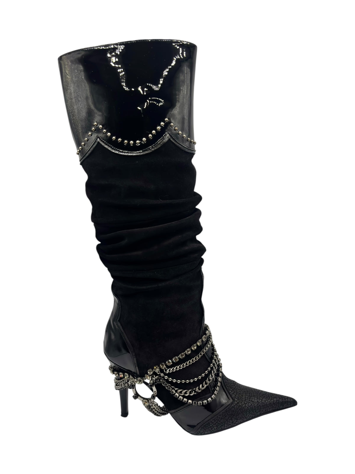 Black knee-high boots with pointed toe, ruched leg, and jeweled chain trim