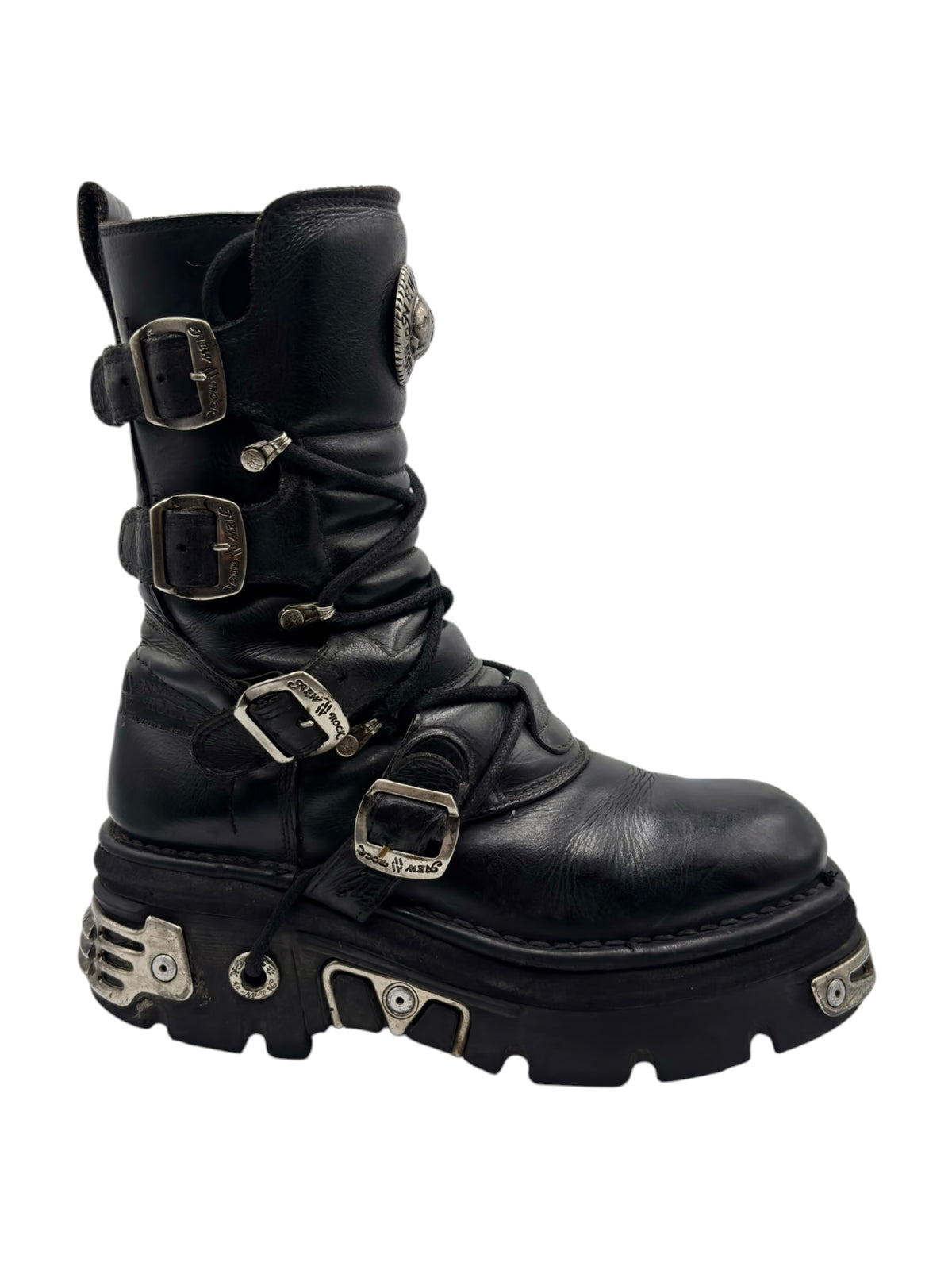 Black mid-calf leather reactor boots angled side view with multiple buckles