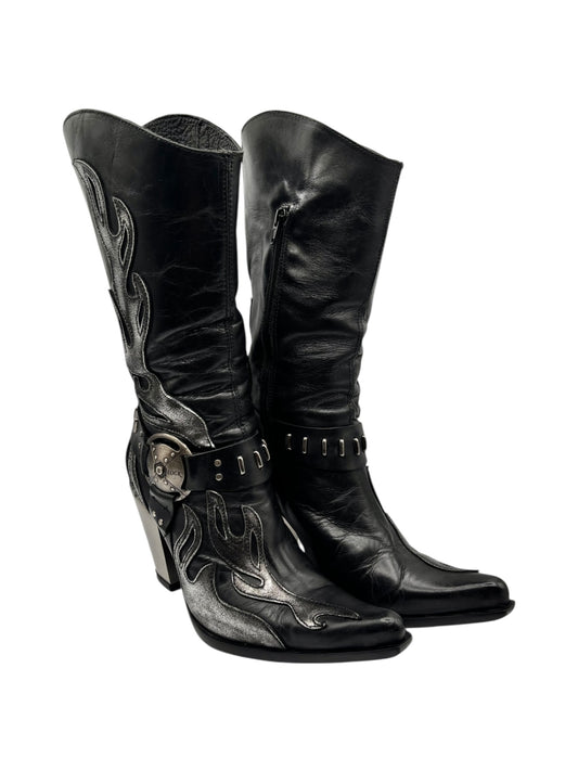 Black motorcycle boots with flame accents, side buckle, and low heel