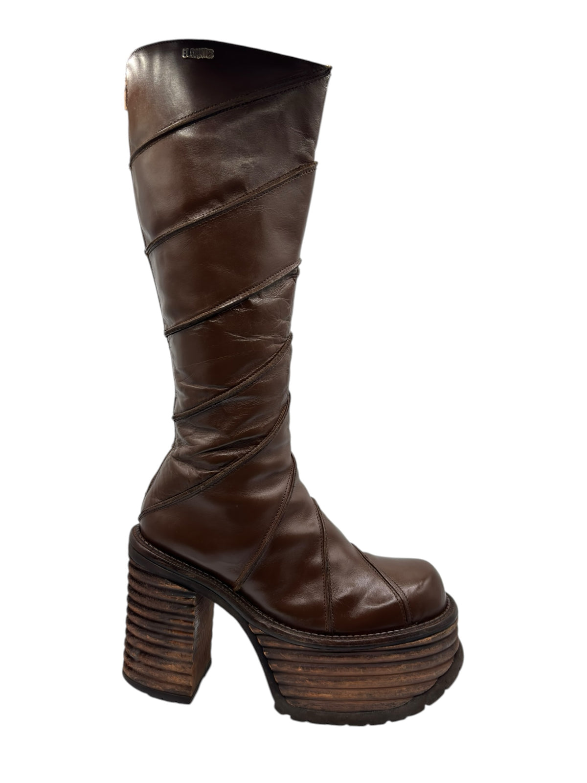 Brown knee-high platform boots with slanted side profile and stacked heel